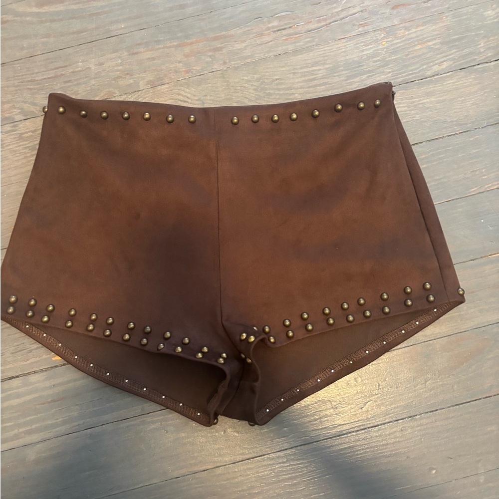 Brown Studded Suede Mini Shorts